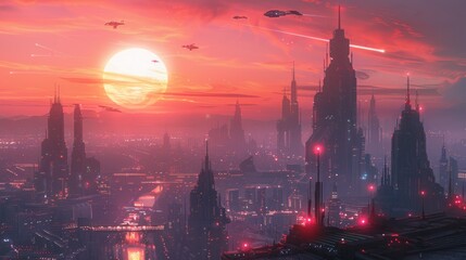 Poster - Futuristic Cityscape at Sunset