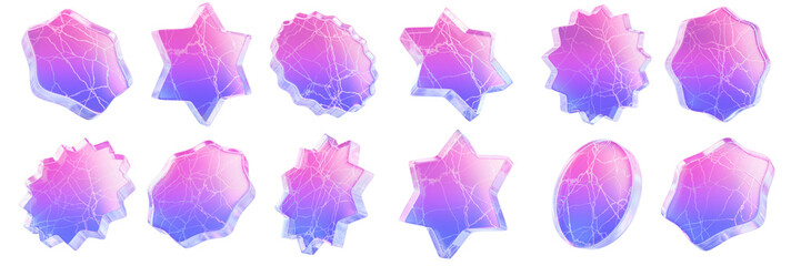 Wall Mural - 3D glass sticker icon set, crystal gradient transparent star promotion button, ice circle wavy edge. Retro futuristic brutal geometric object, holographic crack glossy tag, UI award. 3D sticker sale