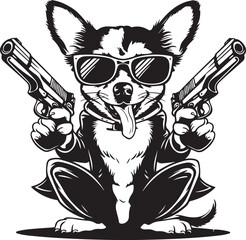 Canvas Print - Chihuahua Dog Stylized Sitting with Guns Vector Illustration