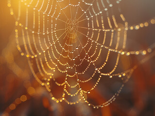 A close-up of a spider web adorned with glistening dew drops, showcasing intricate patterns and natural beauty.
