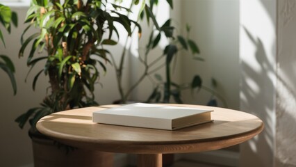 Wall Mural - A small wooden table with a book on it sitting next to some plants, AI