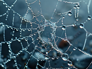 A close-up of a spider web adorned with glistening water droplets, showcasing intricate patterns and natural beauty.