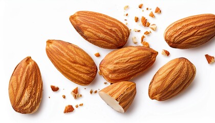 Wall Mural - Almond crumbs isolated on the white background. Fly almond pieces top view. Flat lay.