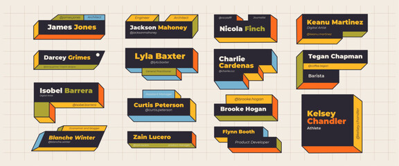 Fototapete - Old retro vintage set of 15 colorful lower thirds for social media accounts. Old UI computer aesthetics. Trendy colorful name badges.