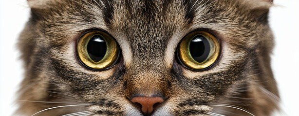 close-up of a catâ€™s eyes with a loving gaze, high contrast, vivid colors, focused depth of field, isolated on white background, copy space for text, more clarity with clear light and sharp focus,