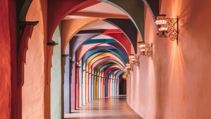 Canvas Print - A long hallway with colorful walls and a light above, AI