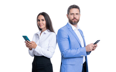 Wall Mural - business colleague chatting online isolated on white. business chatting communication. online chat. business man and woman use phone. two chatting business partner chatting in office