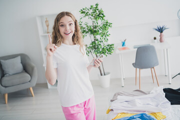 Sticker - Photo of teen blonde sweet adorable lady hold device idea choose outfit dressed sleepwear apartment bedroom waking white light interior