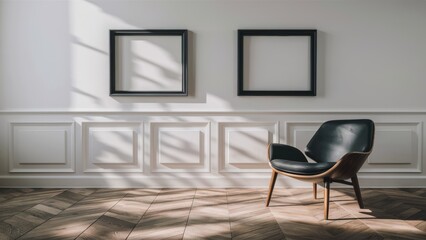 Poster - A chair in a room with two framed pictures on the wall, AI