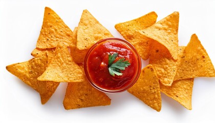 Corn chips nachos with tomato salsa sauce isolated on white background, top view. Flat lay. Creative layout.