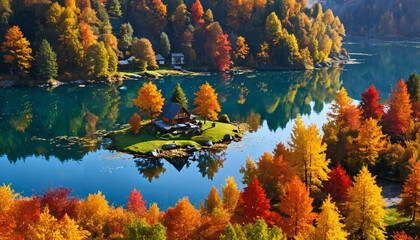 Poster - Maison idyllique sur une île au milieu des couleurs automnales.