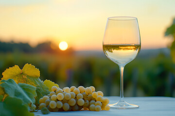 Glass of White Wine with Grapes at Sunset.