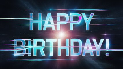 Poster - A happy birthday text on a black background with bright lights, AI