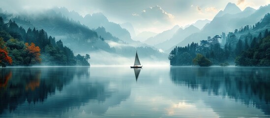 Sticker - Serene Sailboat on Misty Lake