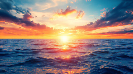 Wall Mural - beautiful dramatic sunset over sea sunlight blue sky sea level landscape