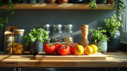 Sticker - Fresh Tomatoes and Lemons on a Wooden Cutting Board in a Kitchen