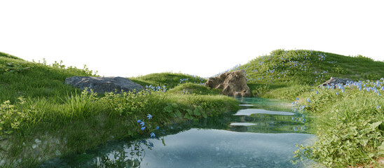 Poster - Serene river flowing through a lush green landscape. 3D render.