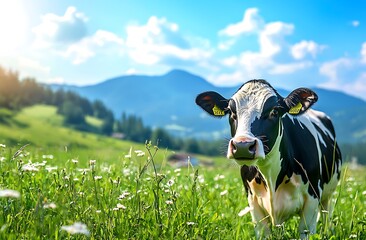 Black and white cow in a green meadow with white flowers, looking at the camera.