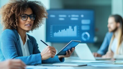 Poster - a woman is sitting at a desk with a tablet in her hand