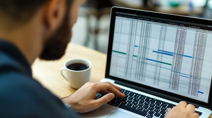a data analyst reviewing a large spreadsheet filled with rows and columns of data, with a cup of cof