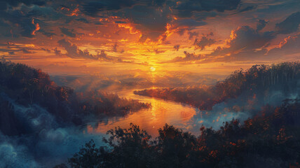 Wall Mural - A breathtaking sunset casts a warm glow over a winding river snaking through a misty forest, creating a sense of tranquility and peace. The vibrant sky, the gentle river