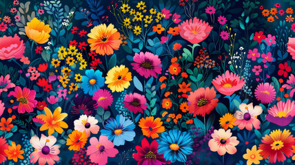 Wall Mural - A beautiful and colorful floral pattern with various flowers in shades of pink, yellow, orange, red, blue, and purple on a dark blue background. This pattern symbolizes nature, beauty, diversity