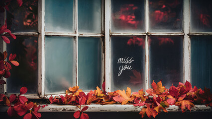 Canvas Print - A window with a message written on it and leaves around the frame, AI