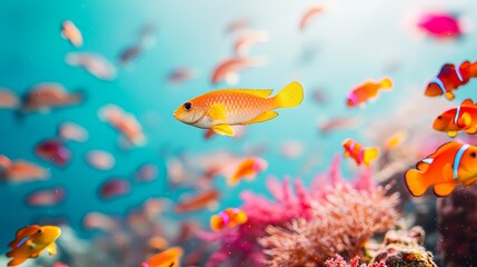 Wall Mural - Vibrant Reef Fish Swimming in Clear Blue Water.