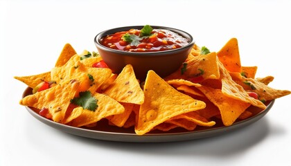 Wall Mural - Nachos Mexican corn chips with salsa sauce isolated on white background.