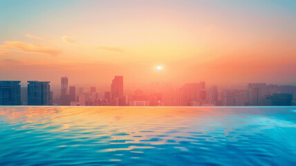 Poster - An infinity pool overlooking a city skyline during a vibrant sunset, symbolizing relaxation, luxury, urban living, travel, and cityscape.