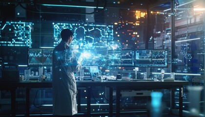 A scientist in a high-tech lab with an AI assistant as a holographic interface providing real-time data and analysis. Bright, clinical lighting enhances the high-tech setting. AIG60