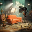 © suratin - Vintage Film Studio Set with Orange Sofa and Lights.