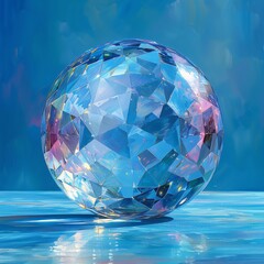 Poster - crystal ball with intricate facets reflecting light in a vibrant blue background, creating a mesmeri