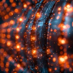 Poster - A mesmerizing abstract background featuring orange and blue bokeh lights with a futuristic metallic texture in sharp focus.
