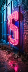 Poster - vibrant neon letter s sign in a dimly lit alley with textured brick wall and atmospheric lighting, c
