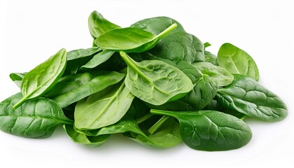 Wall Mural - Pile of fresh green baby spinach leaves isolated on white background. Various Spinach Macro. Top view. Flat lay..