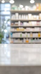 Wall Mural - Blurred interior of a modern pharmacy or drugstore, focusing on shelves stocked with various medications and health products, conveying a clean, organized atmosphere.