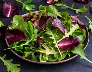 Wall Mural - Salad mix leaves background. Fresh Salad Pattern with rucola, purple lettuce, spinach, frisee and chard leaf.