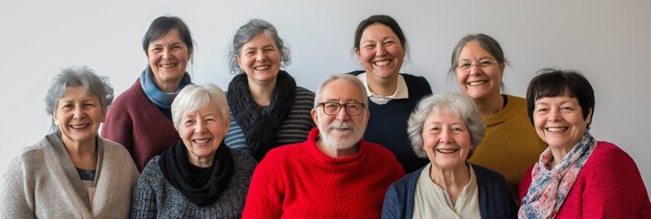 Wall Mural - A group of people, mostly women, are smiling for a photo. They are all wearing red and yellow clothing