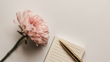 Wall Mural - A pink flower next to a notepad and pen on white surface, AI