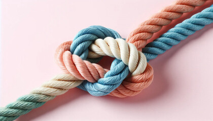 Wall Mural - Ropes of different colors tied into a knot, pastel background