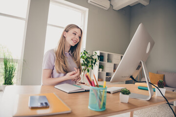 Sticker - Photo of positive good mood girl dressed violet t-shirt answering questions remote studying modern gadget indoors house apartment room