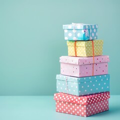 Wall Mural - Stack of random colorful polkadot gift boxes, soft color banner with copy space