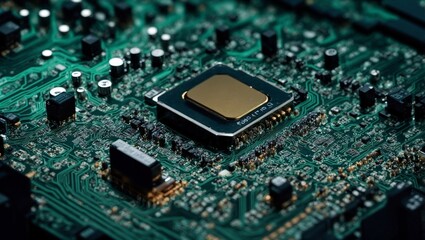 Poster - Close Up of a Microchip on a Circuit Board:  A detailed, high-resolution photograph of a microchip, showcasing its intricate design and the intricate network of circuitry that surrounds it, evoking a 