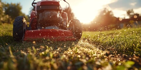 Wall Mural - Man Mows Lawn at Sunset Creating Serene Backyard Atmosphere