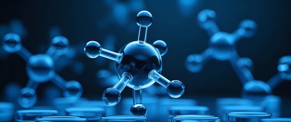 Transparent blue abstract molecule model over blurred blue molecule background.