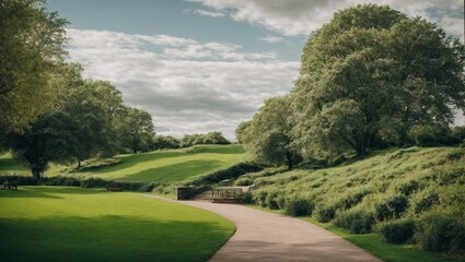 Sticker - Serene Park Pathway: Tranquil afternoon sunlight bathes a winding pathway through lush green hills, inviting a peaceful stroll amidst nature's embrace. 