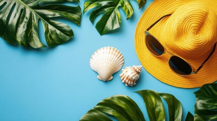 summer vibes flatlay yellow hat sunglasses seashell monstera leaf on blue