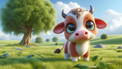 Wall Mural - Adorable 3d cow with big eyes on the meadow of a farm