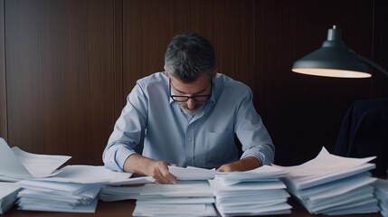 exhausted businesssman with messy desk and stack of papers, working busy, overwork.